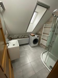a bathroom with a sink and a washing machine at Apartmány u Moravčíků in Bulhary