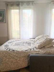 een bed met twee kussens in een slaapkamer bij Chaleureux Studio 30m2 - Au pied de la Gare - PARKING in Cergy