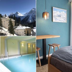 un collage de photos d'une chambre d'hôtel avec une table et des montagnes dans l'établissement Casa Irmella 12 - Arosa - alles komplett, à Arosa