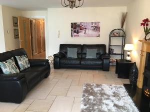 a living room with a black leather couch and a fireplace at B2 Waterfoot Apartment in Newcastle