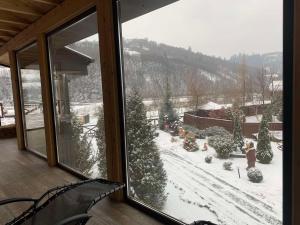 una ventana con vistas a un patio cubierto de nieve en SPA Hotel Zhyva Voda, en Mizhhirya