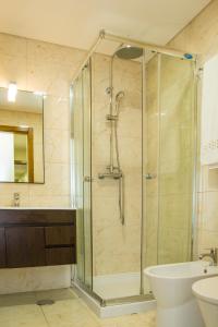 uma casa de banho com um chuveiro e um lavatório. em Casa de Romao em Amares