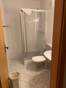 y baño con ducha, aseo y lavamanos. en Gasthaus Goa, en Ernsthausen