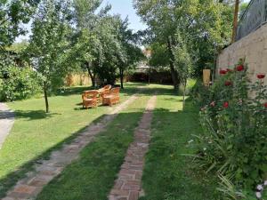 a garden with two benches in the grass at Apartman Branka in Niška Banja