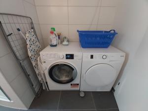 uma máquina de lavar roupa com um cesto em cima em Ferienwohnung Friedrich Ulrich em Volfembutel