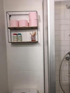 een badkamer met een toilet en een plank met toiletartikelen bij APPARTEMENT 804 in Le Dévoluy