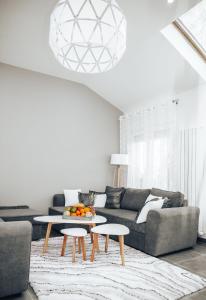 uma sala de estar com um sofá e uma mesa em Super Studio cosy proche de CDG em Le Thillay