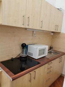 a small kitchen with a microwave and a sink at Baross-hat apartmanház in Szolnok