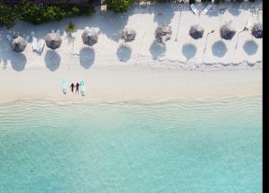 two people are standing on a beach with surfboards at Ocean Pearl Maldives at Gulhi Island in Gulhi