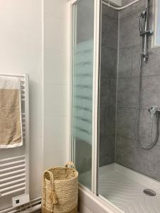 a shower with a glass door in a bathroom at Studio ScandiChic tout équipé centre-gare-rives-clinique à pied in Caen
