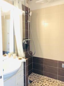 圣弗朗索瓦LES MARINES KAZATIBO的带淋浴和白色盥洗盆的浴室