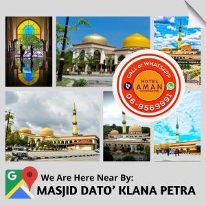 een collage van foto's van een moskee en een bord bij Hotel Aman- Nilai & KLIA in Nilai