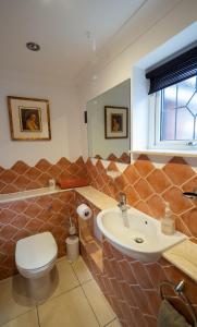 a bathroom with a toilet and a sink at Surlingham Lodge Studio Large Family Cottage in Norwich