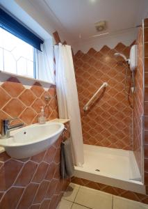 a bathroom with a sink and a shower at Surlingham Lodge Studio Large Family Cottage in Norwich +26 photos