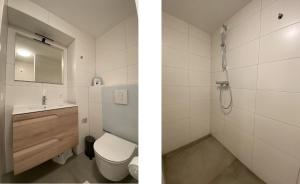 A bathroom at NIEUW DOMBURG centrum - Luxe vakantiewoning 500 meter van strand met tuin en parkeerplaats & WIFI - Roosjesweg 2A
