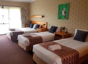 una habitación de hotel con 3 camas en una habitación en Barooga Country Inn Motel, en Barooga