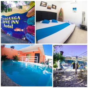 a collage of photos with a hotel and a pool at Taganga Dive Inn in Taganga