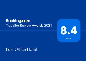 Certifikát, hodnocení, plakát nebo jiný dokument vystavený v ubytování Post Office Hotel