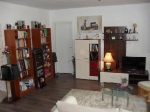 een woonkamer met een bank, een tafel en boekenplanken bij Apartment in Zaton (Zadar) with Air conditioning, WIFI, Washing machine (4828-1) in Zaton