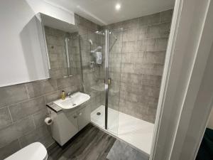 ein Bad mit einer Dusche, einem Waschbecken und einem WC in der Unterkunft The Moon Inn at Stoney Middleton in Stony Middleton