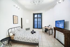 een slaapkamer met een bed, een tv en een bureau bij LGC Habitat- chambre privée- appartement commun- gare Saint-Roch in Montpellier