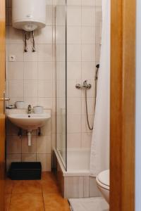 ein Bad mit einer Dusche, einem Waschbecken und einem WC in der Unterkunft Apartmani Melem in Stari Grad