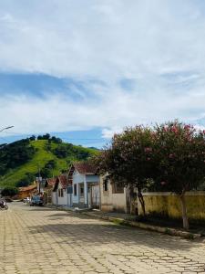 a street with houses and a tree with pink flowers at Duas suítes no centro in São Bento do Sapucaí