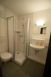 a bathroom with a shower and a toilet and a sink at Hafen-Apartment Aurich in Aurich