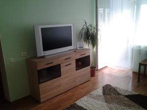 TV en un soporte de madera en la sala de estar en Lori Apartment en Narva