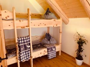 a bedroom with bunk beds in a cabin at Almzauber Chalets Hochrindl in Hochrindl