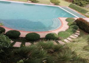 an overhead view of a swimming pool with bushes and trees at La Toscana in Suan Phung
