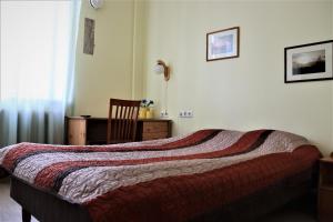 a bedroom with a bed and a desk and a chair at Hostel Lõuna in Pärnu