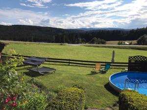 a yard with a swimming pool and a field at Landhaus Erna in Böbrach