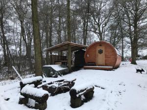 莫尔德Penbedw Uchaf Estate - Rural retreats, tennis的森林中的小屋,地面上积雪
