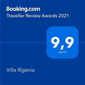 Certifikát, ocenenie alebo iný dokument vystavený v ubytovaní Villa Ifigenia
