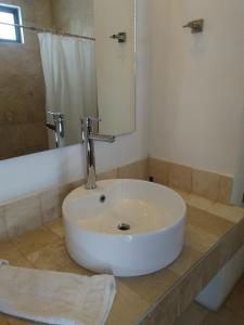 - Baño con lavabo blanco y ducha en Casa Maru Hotel, en Parras de la Fuente