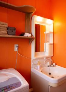 a bathroom with a sink and a mirror and a toilet at Maeda Forestry House - Vacation STAY 19184v in Furano