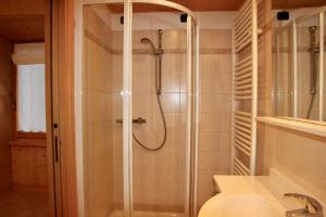 a bathroom with a shower and a toilet and a sink at CASA TANTI in Bormio