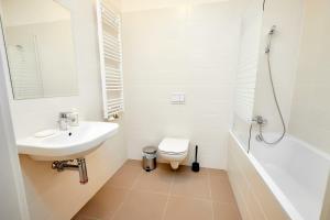 ein Bad mit einem Waschbecken, einem WC und einer Dusche in der Unterkunft Residence Port Karolina in Prag