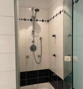 W łazience znajduje się prysznic ze szklanymi drzwiami. w obiekcie Ellé'Belle Oudsbergen w mieście Opglabbeek