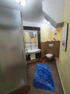 ein Badezimmer mit einem WC und einem blauen Teppich in der Unterkunft Casa Caprioara in Petroşani