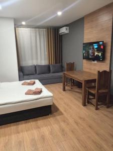 ウージュホロドにある1-комнатная квартира ВИП уровня посуточно в Ужгороде. ул.Другетовのベッド、テーブル、ソファが備わる客室です。