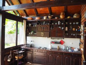 a kitchen with wooden cabinets and shelves with pots and pans at Cabana din Vale in Vale