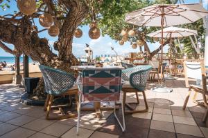 Kaimana Beach Hotel في هونولولو: طاولة وكراسي تحت شجرة بجوار الشاطئ