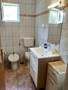 a bathroom with a sink and a toilet and a mirror at Apartman Viktorija in Bibinje