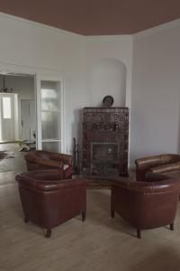 a living room with leather furniture and a fireplace at Boutique Hotel Le Baron in Găneşti