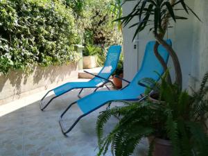 two blue chairs sitting next to a plant at Apartments Bogdanić in Stari Grad
