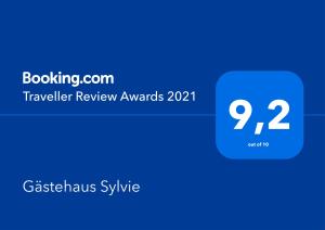 Certifikát, hodnocení, plakát nebo jiný dokument vystavený v ubytování Gästehaus Sylvie