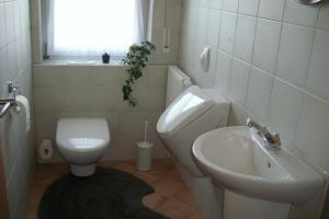 a bathroom with a white toilet and a sink at Ferienwohnung Waltraud in Brilon +21 photos