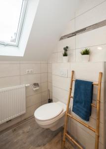 uma casa de banho com um WC e uma toalha azul em Blumeninsel em Horumersiel
